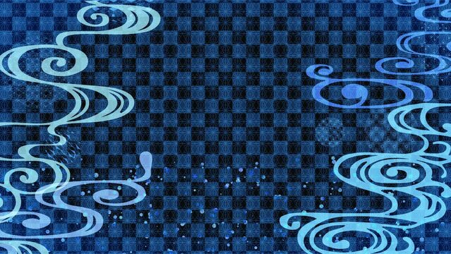 日本の伝統的な揺らめく流水紋と青い市松模様.　和風模様背景