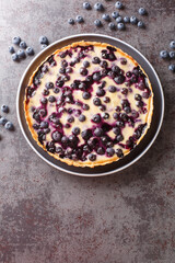 Blueberry tart with vanilla custard cream close-up in a plate on a table. Vertical top view from above