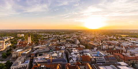 Germany, Saxony, Leipzig, Panoramic view of city center at sunset