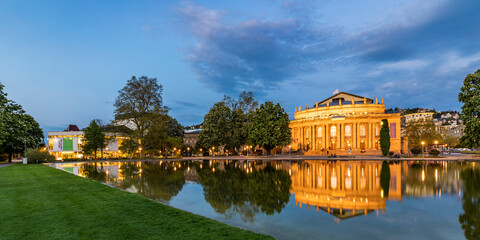 Germany, Baden-Wurttemberg, Stuttgart, Panoramic view ofSchlossgarten at dusk withStaatstheater Stuttgart in background