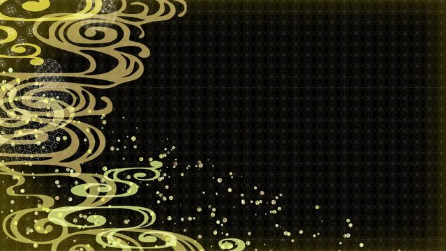 日本の伝統的な揺らめく流水紋と浮き上がる水玉模様.　黒と金色の和風模様背景