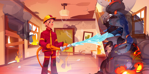 Obraz premium Firefighter extinguish fire in house room interior. Brave fireman wearing uniform and helmet holding water hose fighting with flame. Emergency service, rescuer profession, Cartoon vector illustration