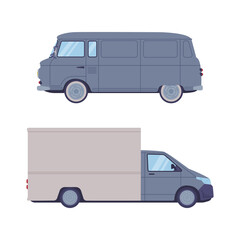 Van and truck set. Side view of delivery cargo trucks cartoon vector illustration