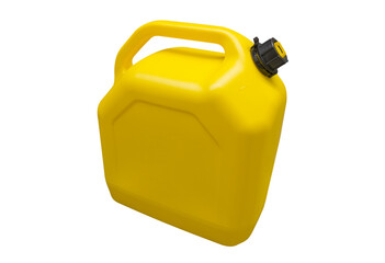Yellow plastic gas canister isolated on a white background. Canister for gasoline, diesel and gas....