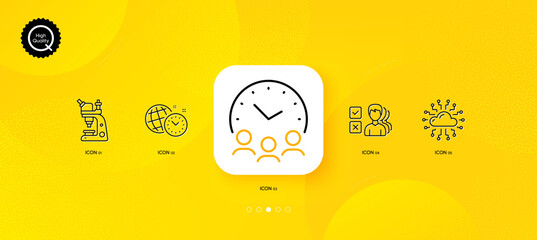 Fototapeta na wymiar Cloud network, Microscope and Opinion minimal line icons. Yellow abstract background. Time management, Meeting time icons. For web, application, printing. Vector