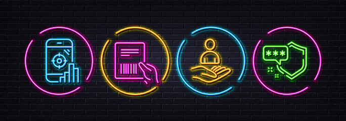 Seo phone, Recruitment and Parcel invoice minimal line icons. Neon laser 3d lights. Shield icons. For web, application, printing. Search engine, Hr, Delivery document. Safe secure. Vector