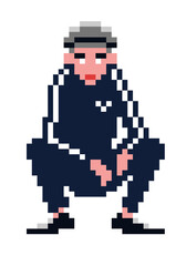Man squatting pose. Pixel art illustration. Retro game style design