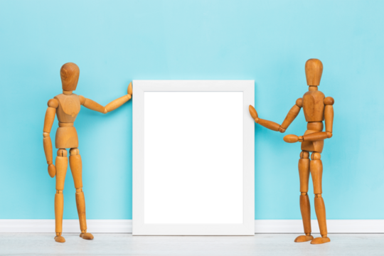 Poster mockup, vertical white transparent picture frame presented by two artist's mannequins in front of turquoise wall