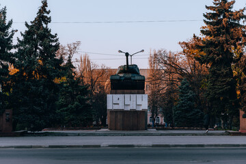 Monument in honor of the liberation of Nikopol from Nazi invaders. Heavy tank 