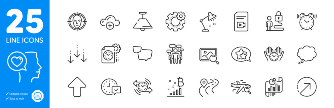 Outline icons set. Cloud computing, Face detect and Search flight icons. Road, Voting campaign, Scroll down web elements. Project deadline, Comic message, Ceiling lamp signs. Vector