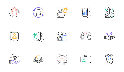 Vote, Smile chat and Id card line icons for website, printing. Collection of Difficult stress, Stress, Leaf icons. Alarm clock, Teamwork, Freezing web elements. Analysis app. Vector