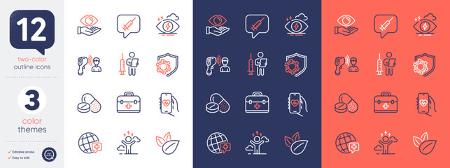 Set of Difficult stress, Coronavirus and First aid line icons. Include Health eye, Vaccination announcement, World medicine icons. Stress, Medical drugs, Electronic thermometer web elements. Vector