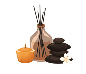 Composition of stones, burning candle and aroma sticks in bottle for body massage, relaxation, spa treatments. Flat vector illustration isolated on white background