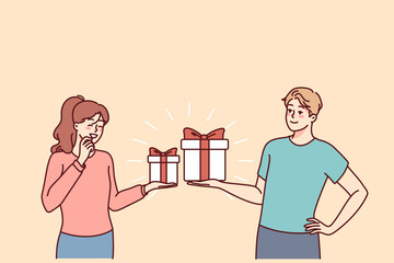 Happy couple exchange presents for valentine day. Smiling man and woman make surprise give gifts on special occasion. Vector illustration. 