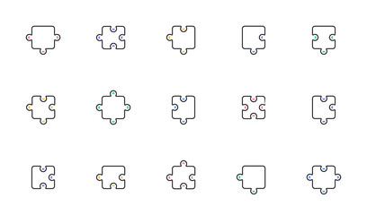Puzzle line icons. Jigsaw Challenge, Strategy, Puzzle pieces icons. Fun solution, Solve piece of problem. Tests person ingenuity or knowledge. Set of Jigsaw puzzle game pieces. Vector