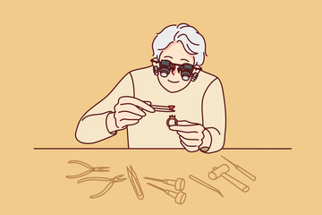 Jeweler in glasses working with rings and diamonds. Old man work with gems for jewelry at workplace. Vector illustration. 