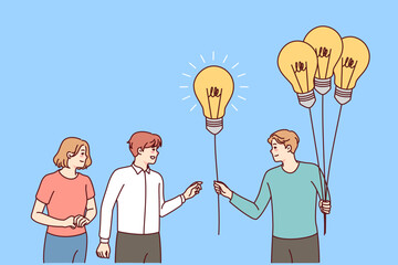 Man with lightbulbs in hands giving bulbs to people. Businessman offer creative business ideas to employees. Solution and problem solving. Vector illustration. 