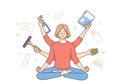 woman meditating with cleaning supplies clip art preview