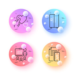 Payment, Presentation and Refrigerator minimal line icons. 3d spheres or balls buttons. Hold heart icons. For web, application, printing. Cash money, Business conference, Fridge ice maker. Vector