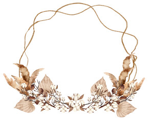 Dried cotton flower and dried leaves watercolor with transparent background