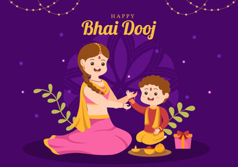 Happy Bhai Dooj Indian Festival Celebration Hand Drawn Cartoon Illustration of Sisters Pray for Brothers Protection with a Dot on His Forehead