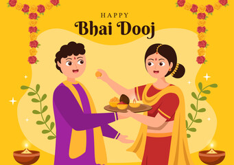 Happy Bhai Dooj Indian Festival Celebration Hand Drawn Cartoon Illustration of Sisters Pray for Brothers Protection with a Dot on His Forehead