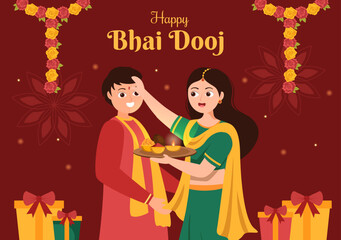 Happy Bhai Dooj Indian Festival Celebration Hand Drawn Cartoon Illustration of Sisters Pray for Brothers Protection with a Dot on His Forehead