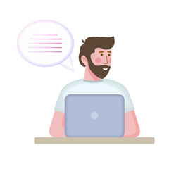 A young man is working on a laptop computer.
 Communication, creative business ideas, planning of economic tasks.
 Vector illustration. Cartoon style.
