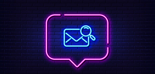 Neon light speech bubble. Search mail line icon. Find letter document sign. Magnify glass. Neon light background. Search mail glow line. Brick wall banner. Vector