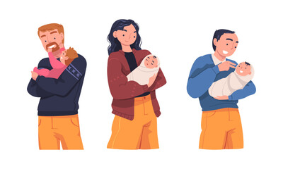 Happy mom and dad hugging their babies set cartoon vector illustration