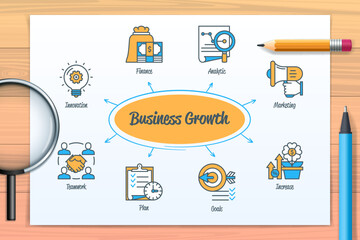 Business growth chart with icons and keywords