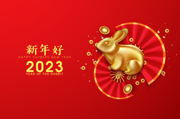 Fototapeta na wymiar Chinese 2023 background with luxury golden rabbit illustration