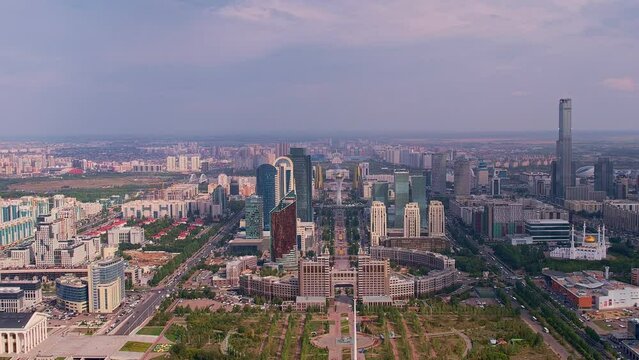 Nur-Sultan, Kazakhstan - August 8, 2022: panorama city Astana aerial top view drone.