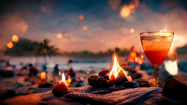 Burning lights and bonfire on a tropical beach with cocktail, ocean and palm trees, group of people on background