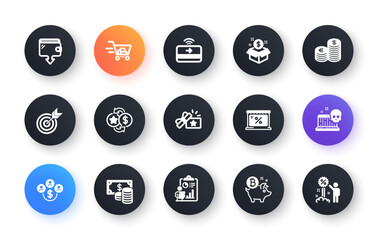 Minimal set of Target, Bitcoin coin and Contactless payment flat icons for web development. Shopping cart, Wallet, Loyalty points icons. Currency, Post package, Loyalty gift web elements. Vector