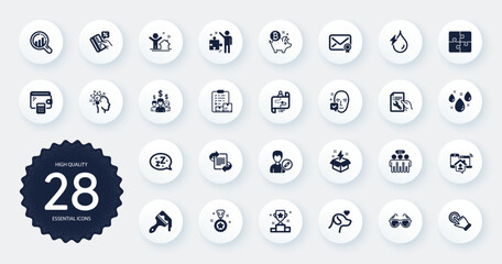 Set of Business icons, such as Puzzle, Touchscreen gesture and Seo analysis flat icons. Face accepted, Credit card, Hydroelectricity web elements. Strategy, Salary employees, Marketing signs. Vector