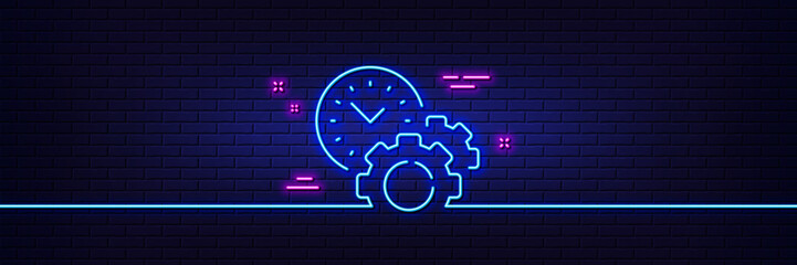 Neon light glow effect. Time management line icon. Clock sign. Gear symbol. 3d line neon glow icon. Brick wall banner. Time management outline. Vector