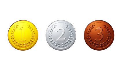 金、銀、銅のメダルの3Dイラスト。（PNG）