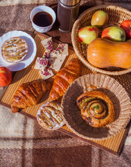 Forest autumn picnic. Family holiday outdoors. Nature backgrounds.
