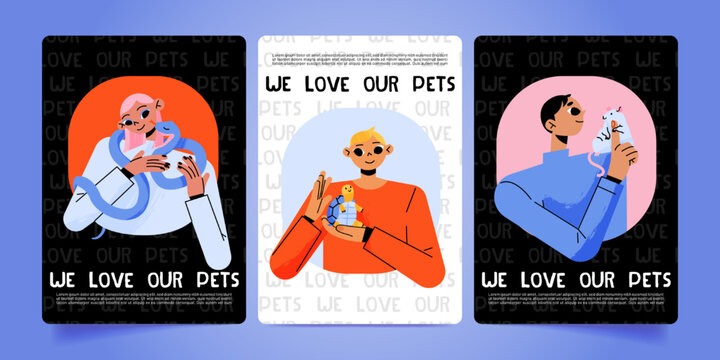 We Love Our Pets Banners, People Holding Domestic And Exotic Animals. Happy Owner Characters Care For Cute Tortoise, Snake And Rat, Zoo Market, Vet Clinic Ads Cards, Line Art Flat Vector Illustration