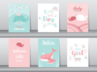 Fototapeta na wymiar Set of baby shower invitation cards,happy birthday,poster,template,greeting,cute,animal,Vector illustrations.