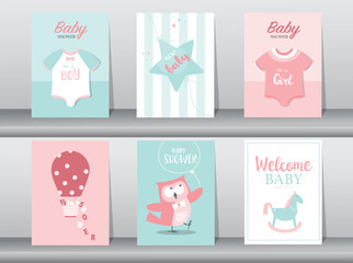 Set of baby shower invitation cards,happy birthday,poster,template,greeting,cute,animal,Vector illustrations. - 523487969