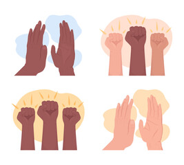 Obraz premium Handclap and fists 2D vector isolated illustration set. Protest flat hand gestures on cartoon background. Fighting for justice colourful editable scene for mobile, website, presentation collection