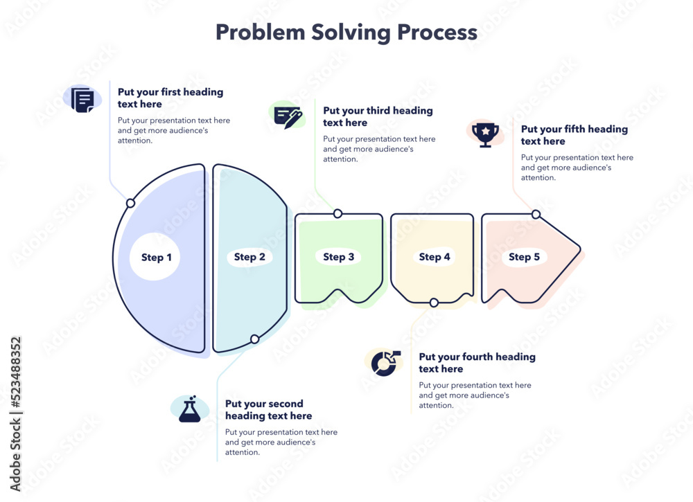 Aufkleber Problem solving process template with five steps and a key as a main symbol.