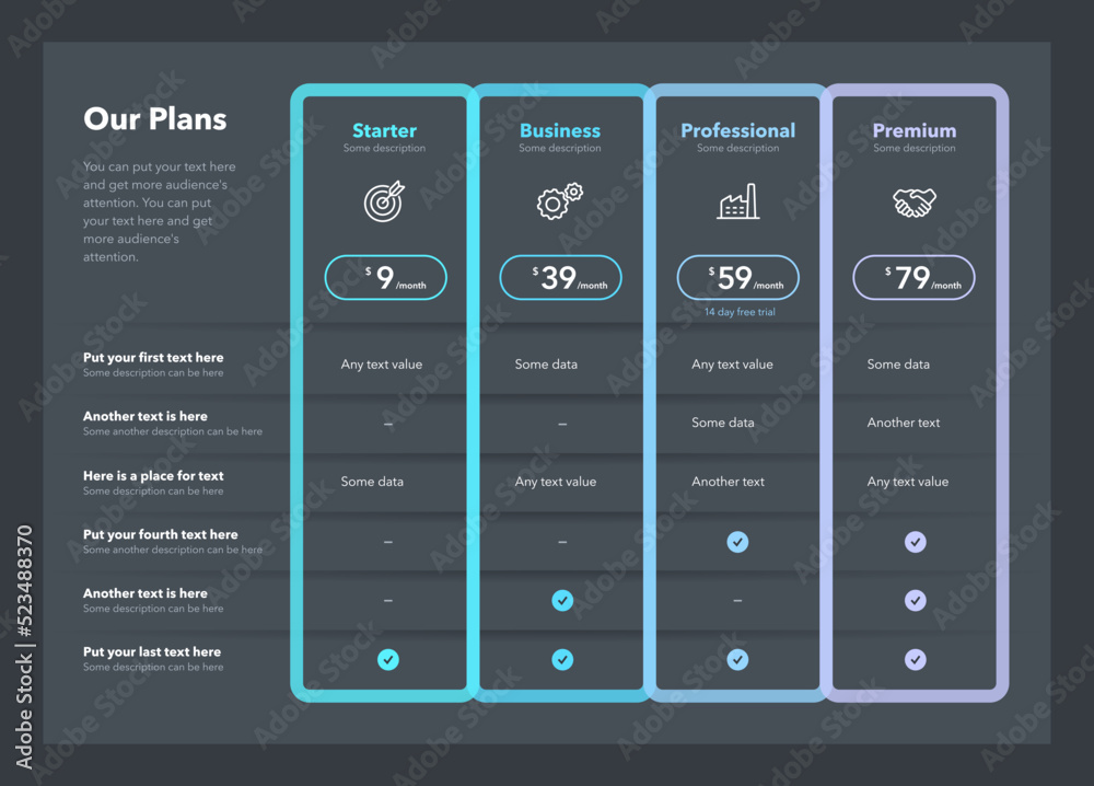 Poster Modern pricing table template with four plans - dark version. Flat infographic design.