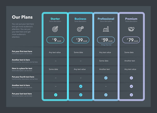 Modern pricing table template with four plans - dark version. Flat infographic design.