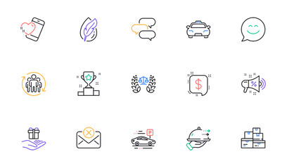 Car parking, Heart and Teamwork line icons for website, printing. Collection of Sale megaphone, Taxi, Food delivery icons. Loyalty program, Hypoallergenic tested, Justice scales web elements. Vector
