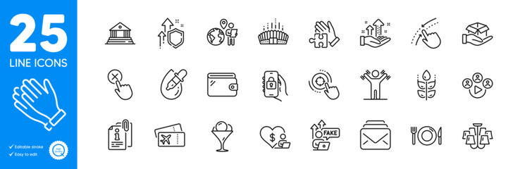 Outline icons set. Wallet, Improving safety and Gluten free icons. Boarding pass, Reject click, Fake internet web elements. Ice cream, Chandelier, Mail signs. Food, Clapping hands. Vector
