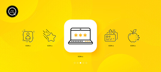 Fototapeta na wymiar Laptop password, Developers chat and Card minimal line icons. Yellow abstract background. Food delivery, Falling star icons. For web, application, printing. Vector