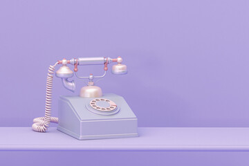 Old vintage phone with twisted wires. Repeated objects pattern. Retro technology on pastel purple background. Minimal composition for social media and workplace concept. 3d render

